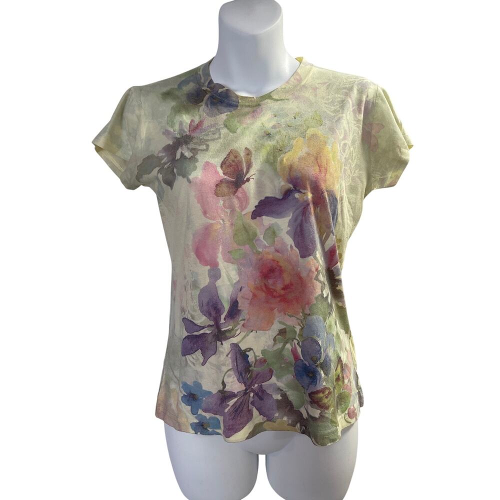 Cache Vintage Watercolor Floral Butterfly Tee Top Women's Short Sleeve Small